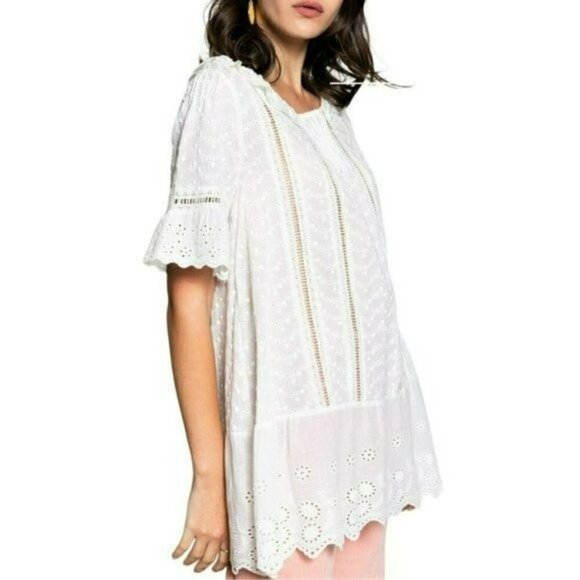 NWT POL Boho Eyelet Embroidered Lace Ruffle Trim Blouse Tunic Top - Picture 3 of 6